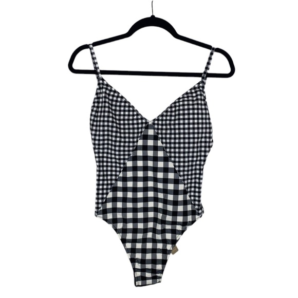 J. Crew Swim J Crew Black White Gingham One Piece Swim Suit Deep V